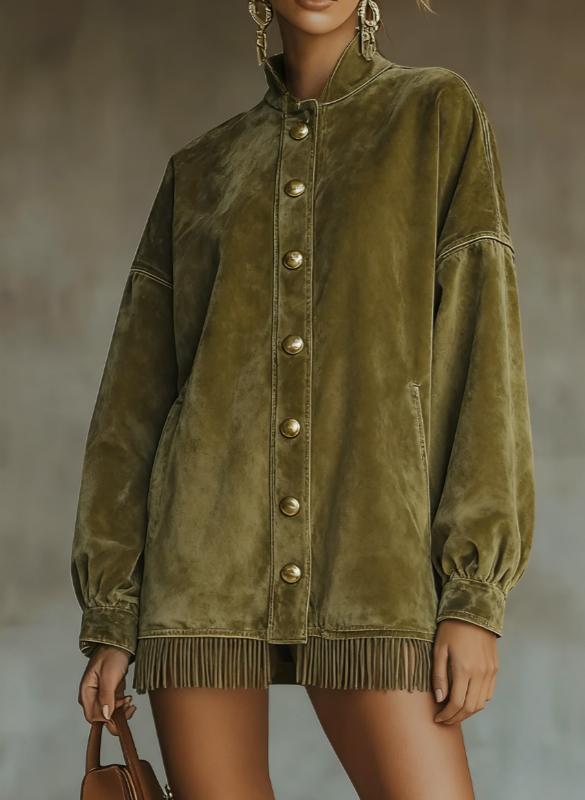 Velvet Fringed Hem Casual Stand-up Collar Button-down Loose Sweatshirt Dress