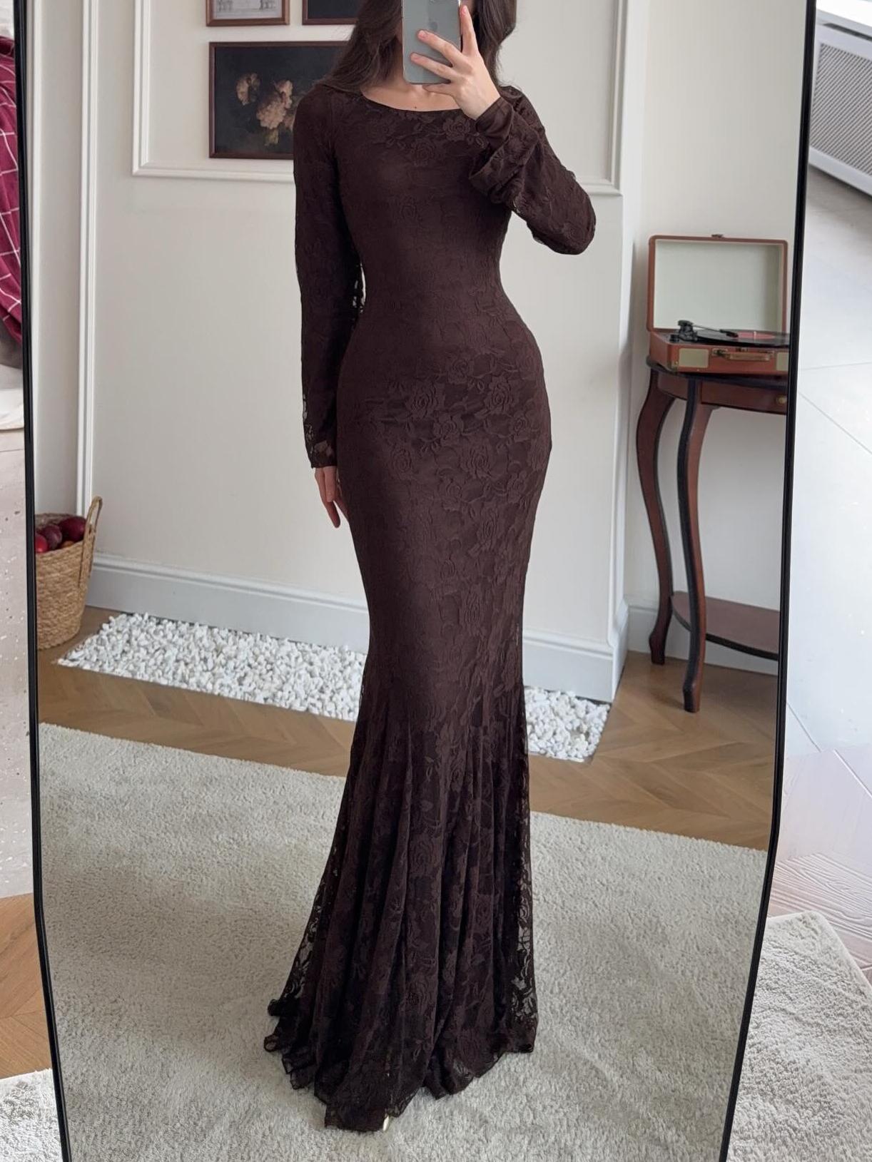 Ark Brown Lace Long Sleeve Mermaid Train Gown