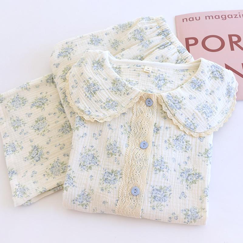 Cotton Floral Sweet Pajamas Women's Casual Long-sleeved Trousers Large Size Suit