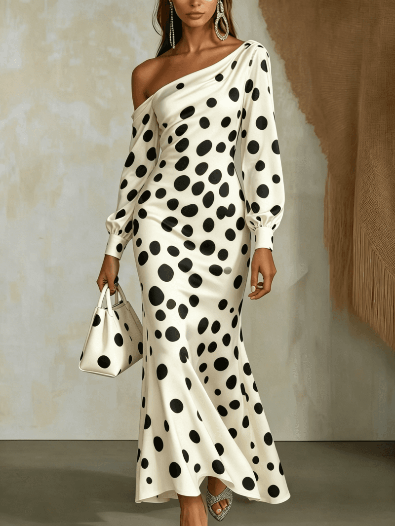 Asymmetric One-Shoulder Polka Dot Maxi Dress