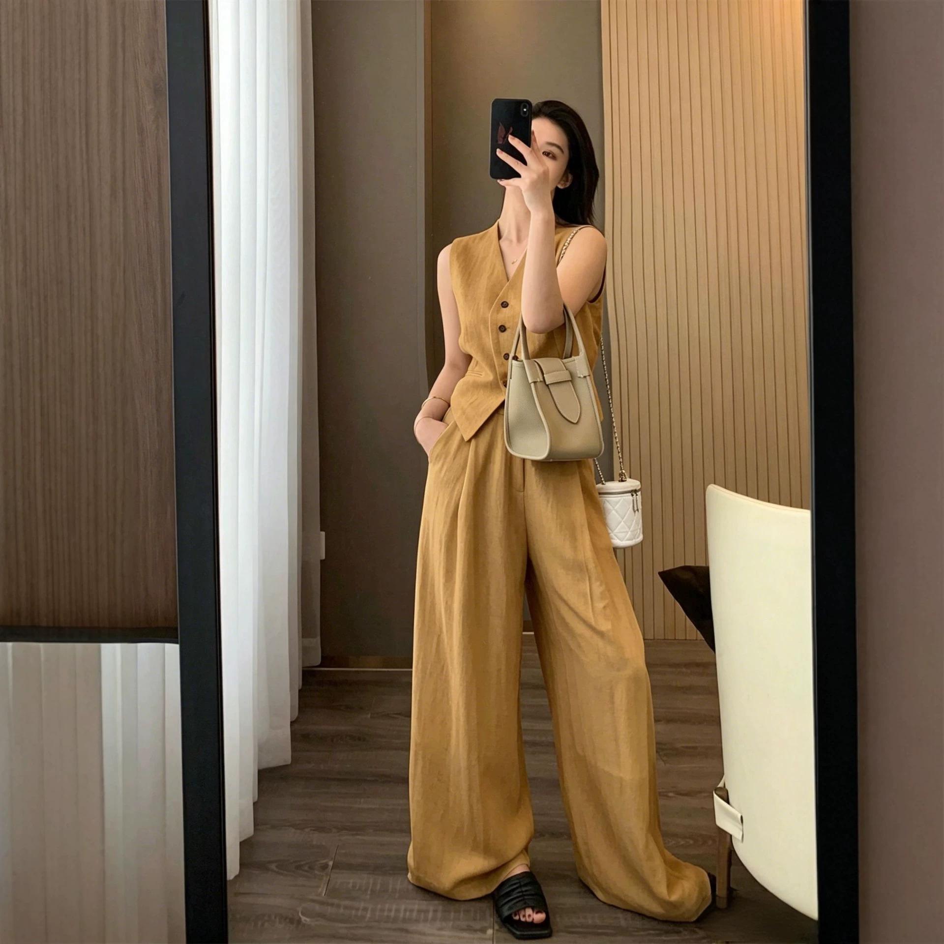 Linen Tencel Vest And Wide-leg Long Pants Two Pieces Set