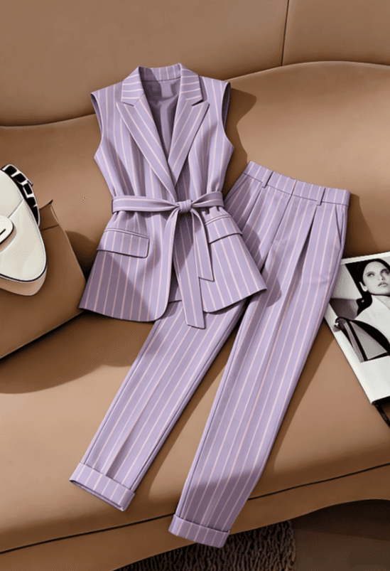 Elegant Fitted Waist Belted Vest And Cropped Suit Pants Business Suit