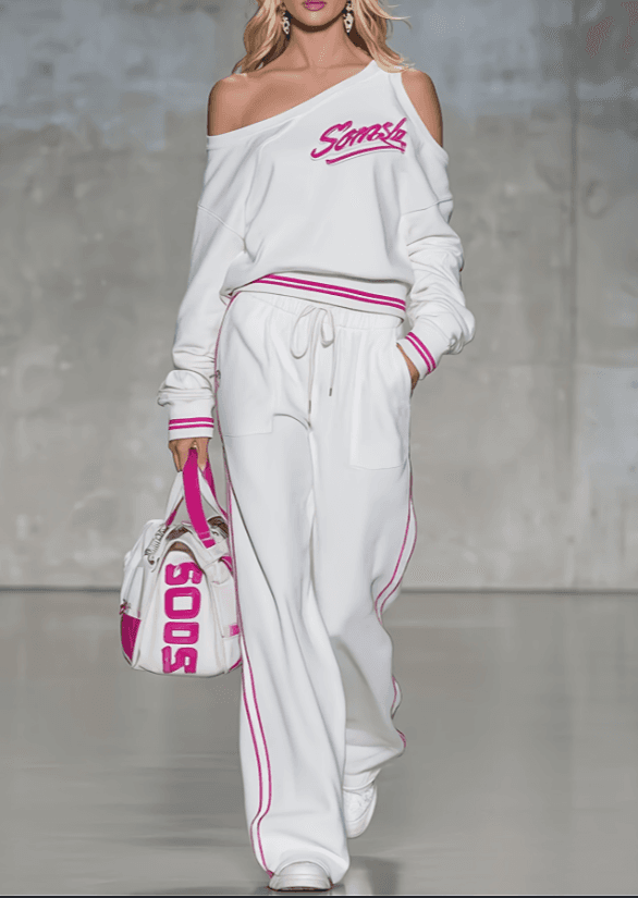 American Street-style Off-shoulder Letter Printed Color-block Hoodie And Wide-leg Pants Casual Sport Two-piece Set
