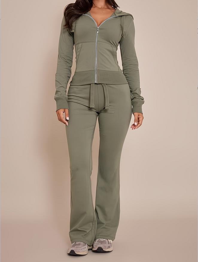 Hot Girl Style Hooded Zip Slim Fit Sweatshirt Flared Pants Casual Two-Piece Set