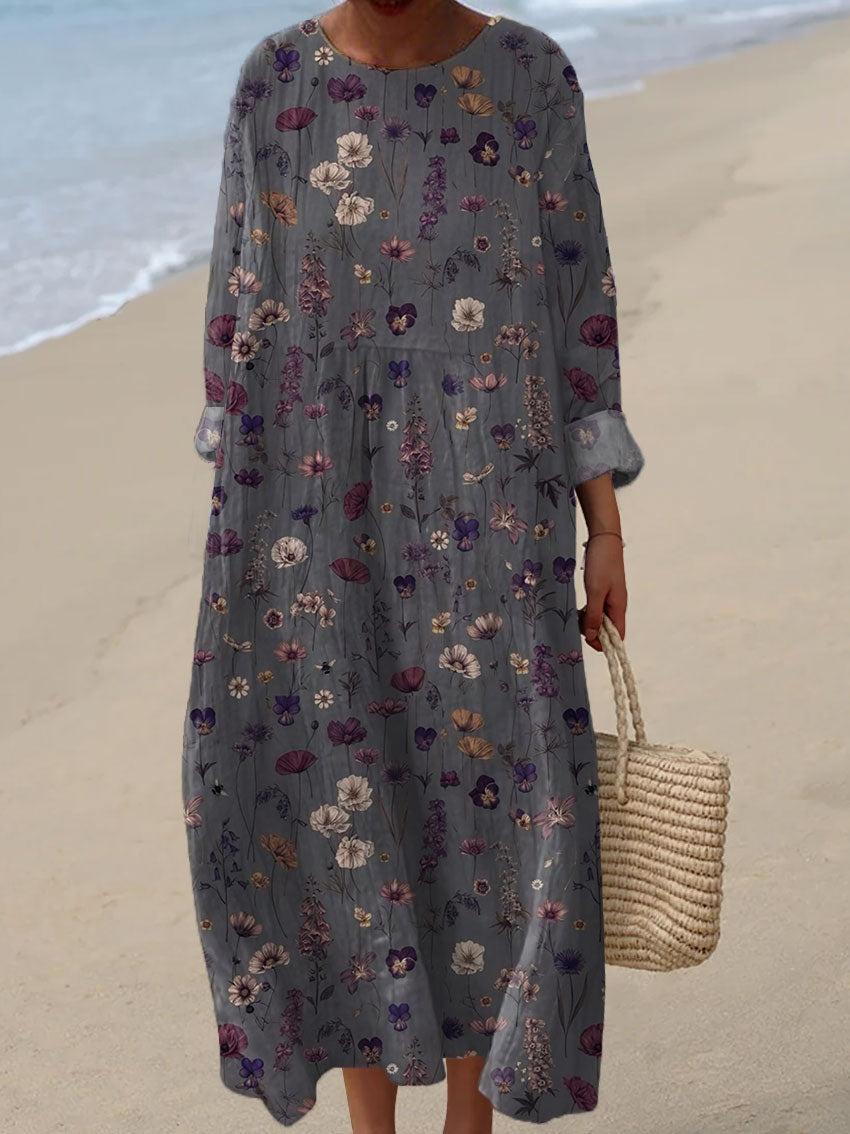 Digital Printing Large Width V-neck Long-sleeve Dress