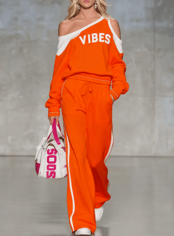 American Street-style Off-shoulder Letter Printed Color-block Hoodie And Wide-leg Pants Casual Sport Two-piece Set