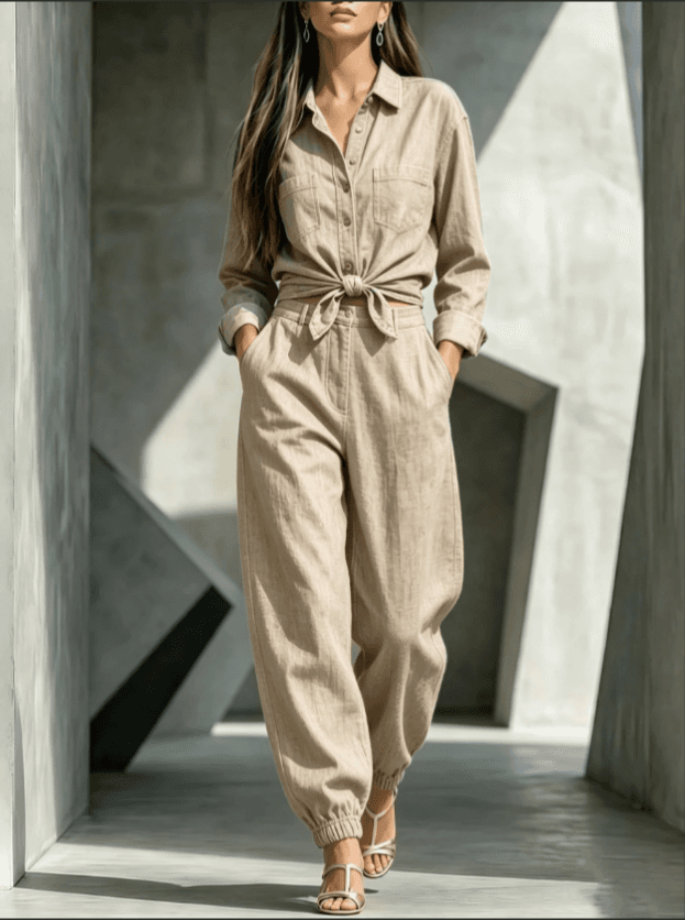 Button Front Pocket Shirt And Elastic Cuff Jogger Pants Linen Blend Two Piece Set