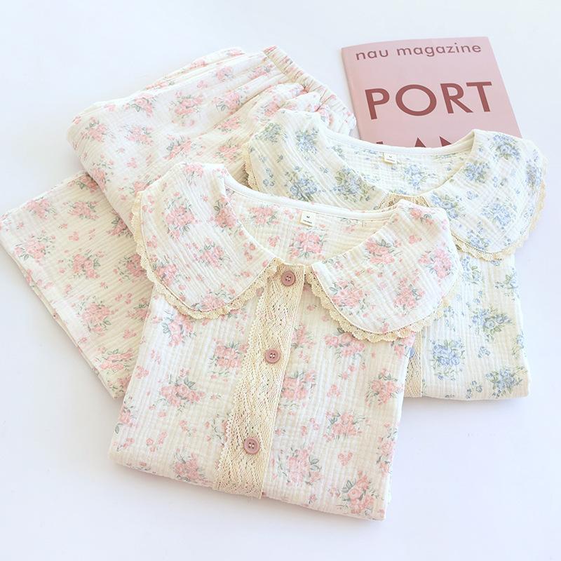 Cotton Floral Sweet Pajamas Women's Casual Long-sleeved Trousers Large Size Suit