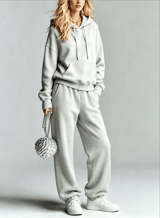 Lightweight Grey Loose Hooded Sweatshirt And Leg Binding Wide Leg Sweatpants Two-piece Sports Suit