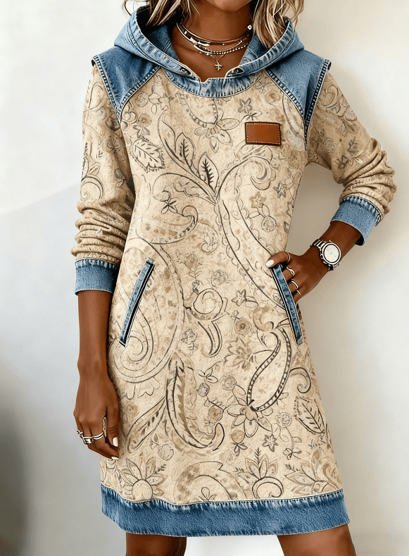 Casual Hooded Denim Color-block Loose Women's Long-sleeved Mid-length Sweatshirt Dress