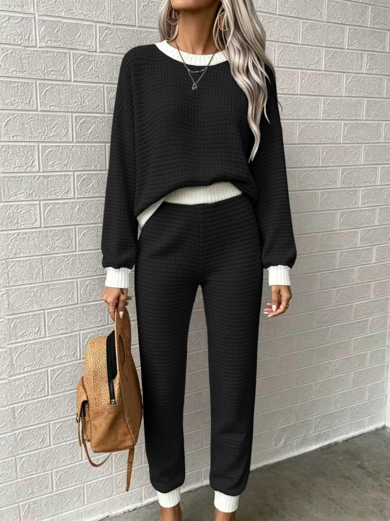 Womens Casual Waffle-Weave Drawstring Crew-Neck Sweatshirt And Pants Two-Piece Set