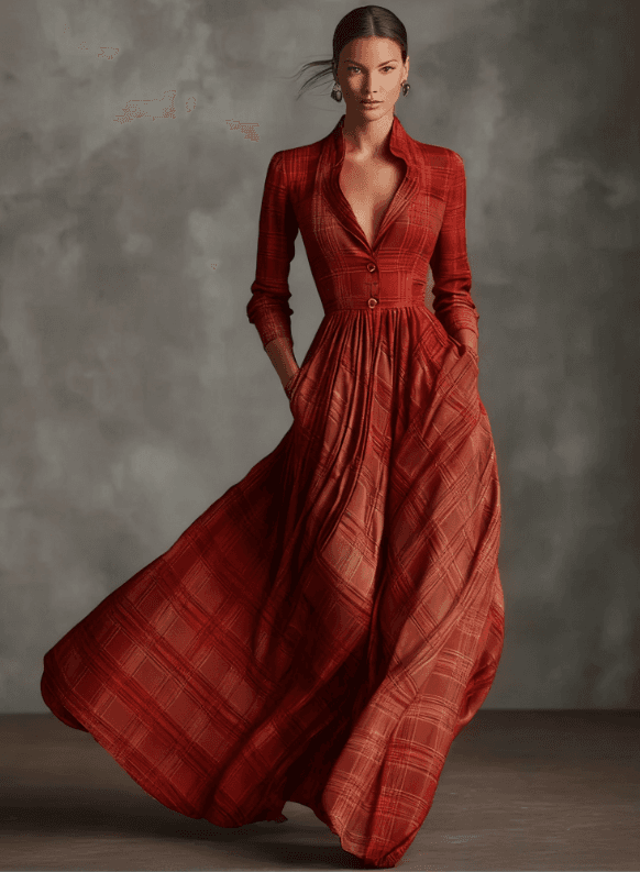 Retro Plaid Lapel Fitted Waist Long Sleeve Flowy Long Dress