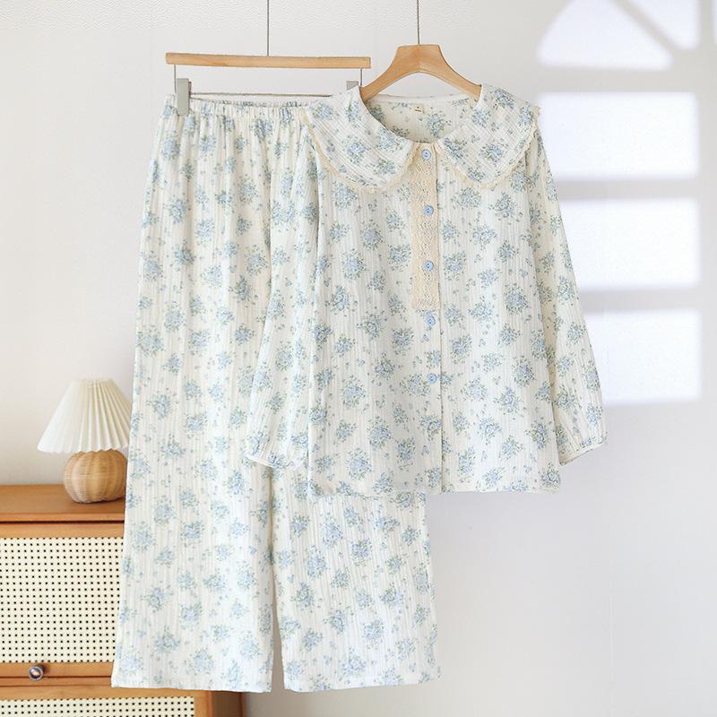 Cotton Floral Sweet Pajamas Women's Casual Long-sleeved Trousers Large Size Suit