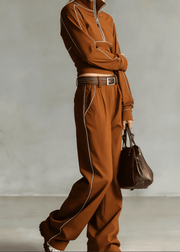 Stand-up Collar Short Zip-up Top Wide-leg Pants Casual Sportswear Set