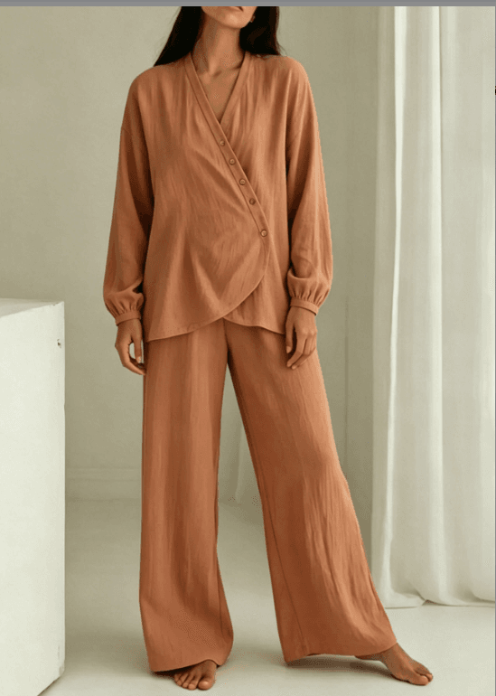 Dirty Orange Slanted V-neck Texture Cotton Linen Home Set