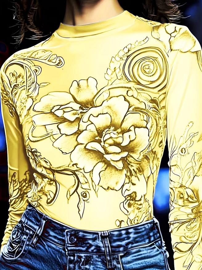 Floral Print High Neck Slim Fit Women's Long Sleeve Sheer Mesh Base Layer Top