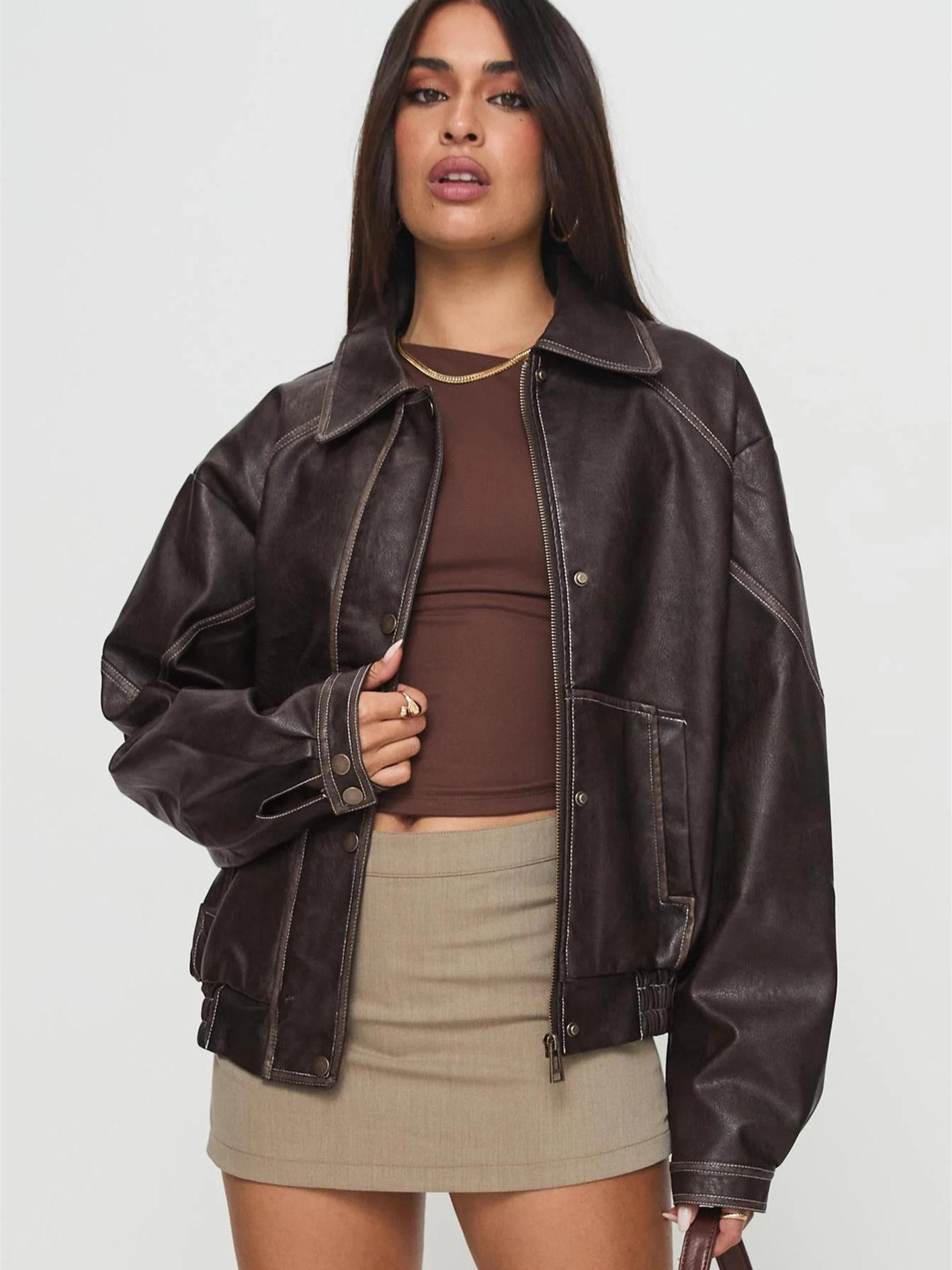 Independent-site Brown Leather Jacket For Women