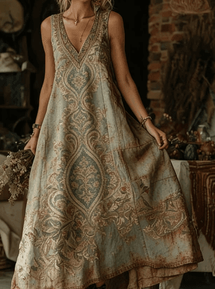Women's Bohemian Retro Paisley Print V-Neck Sleeveless Loose Long Dress