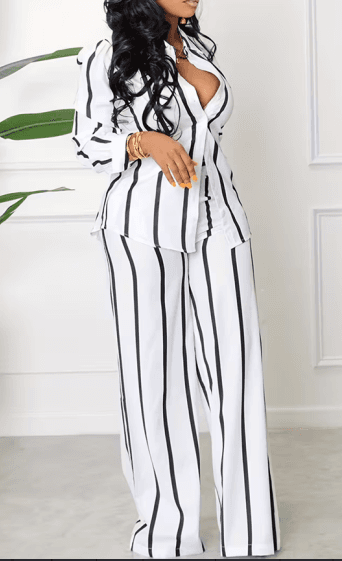White With Black Vertical Stripes Shirt & Wide-Leg Pants Set