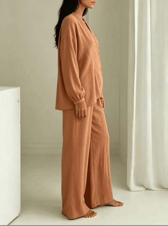 Dirty Orange Slanted V-neck Texture Cotton Linen Home Set