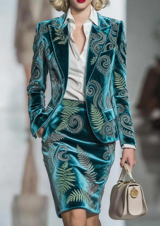 Elegant Velvet Printed Suit And Pencil Skirt Set