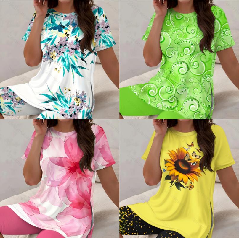 Cross-Border Casual Resort-Style Printed Crew-Neck Short-Sleeve Shorts Set