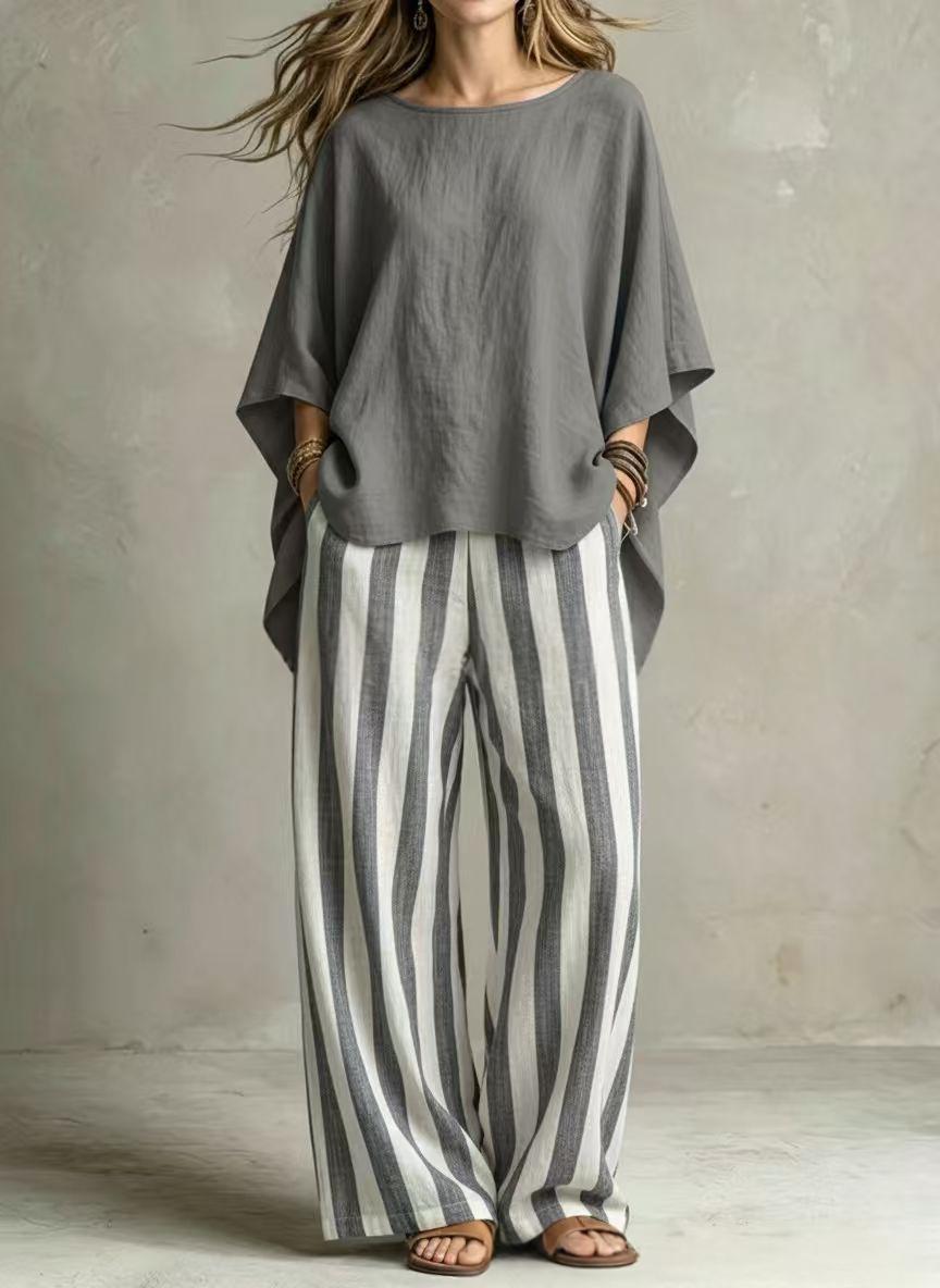 Womens Striped Pants And Cotton-Linen Top Set With Batwing Sleeves