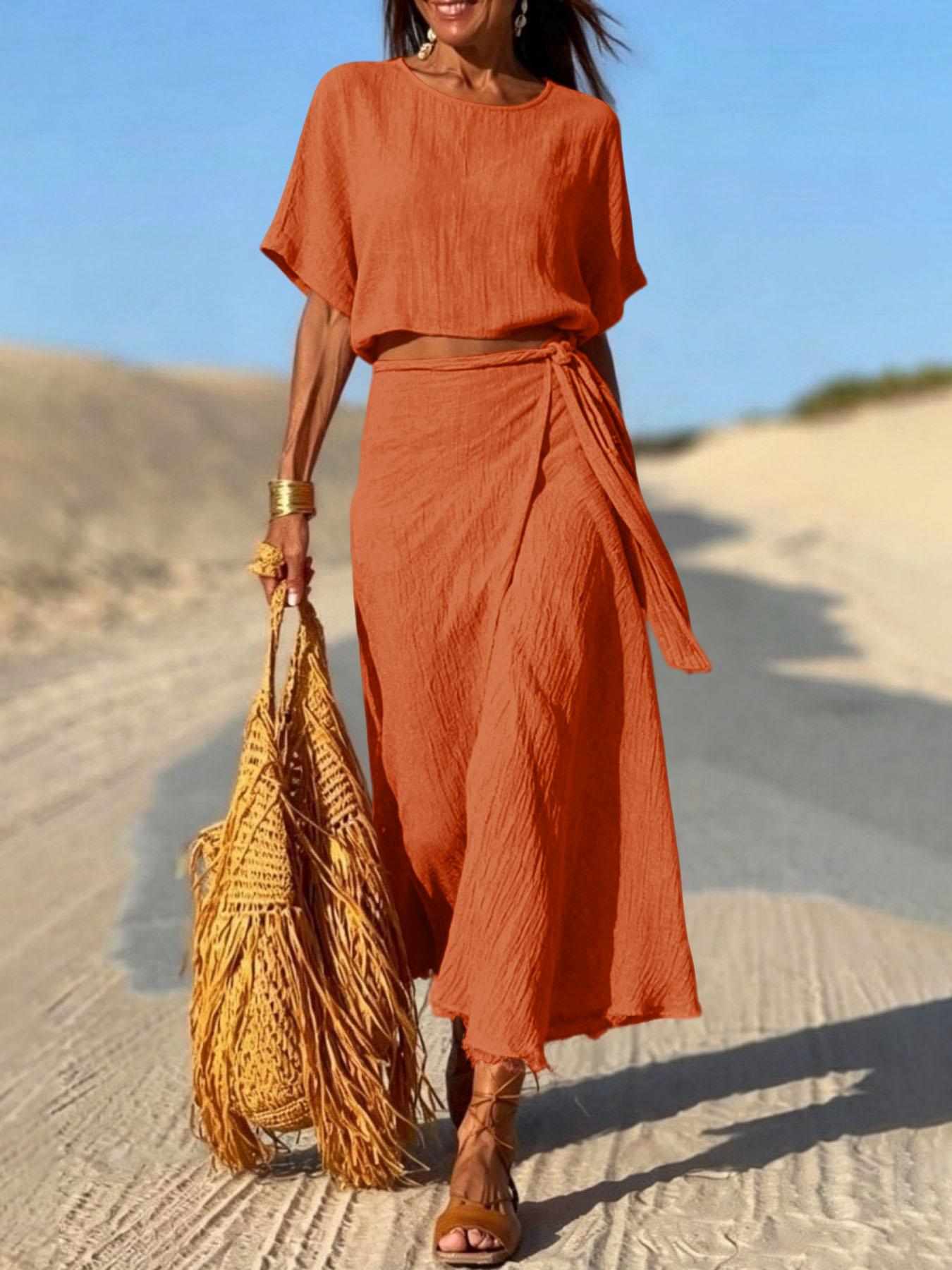 Round Neck Batwing Short Sleeve Crop Top And Wrap Tie Midi Skirt Two Piece Linen Set