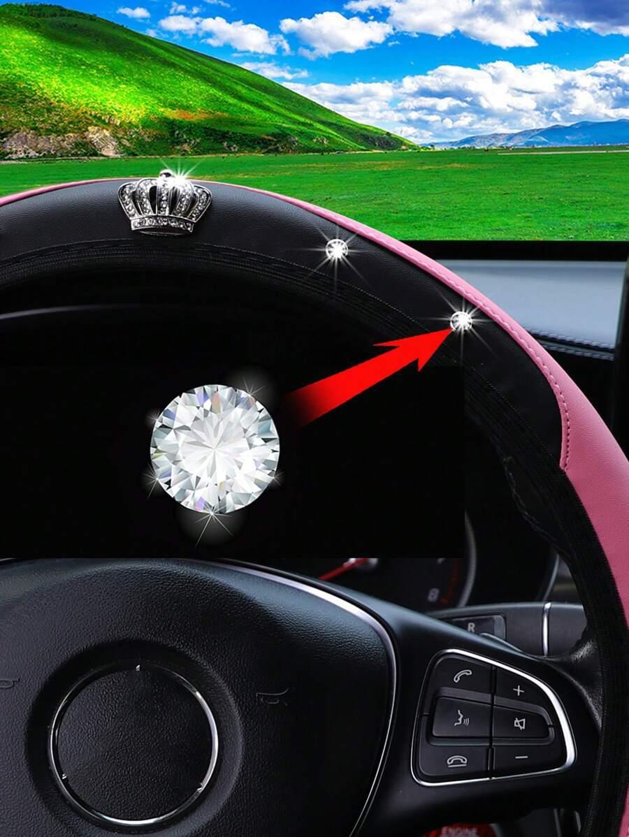 Diamond-Encrusted Little Crown Leather Car Steering Wheel Cover Without Inner Ring