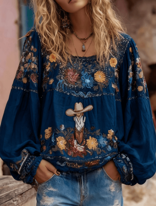 Square-neck Loose Lantern-sleeve Cotton And Linen Top