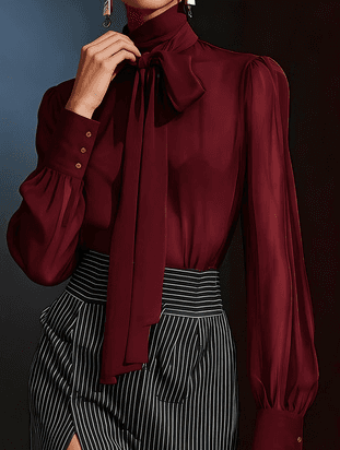 Women's High-neck Puff-sleeved Blouse With Tie